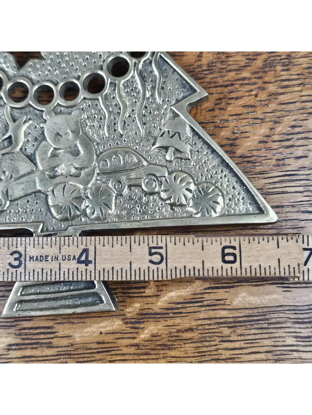 Vintage Solid Brass Christmas Tree Trivet | Teddy Bear Toy Car Kitchen Decor